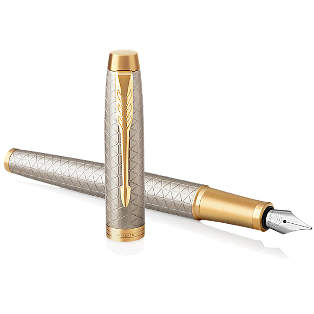 Parker IM Premium Fountain Pen in Warm Grey with Gold Trims — Parker fountain pen — precision nib writing instrument, at Cityluxe Singapore stationery store