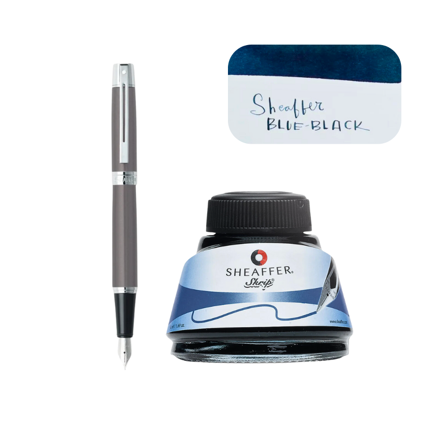 Sheaffer (50ml) Ink Bottle - Blue Black + Sheaffer 300 Fountain Pen - Grey (Bundle)