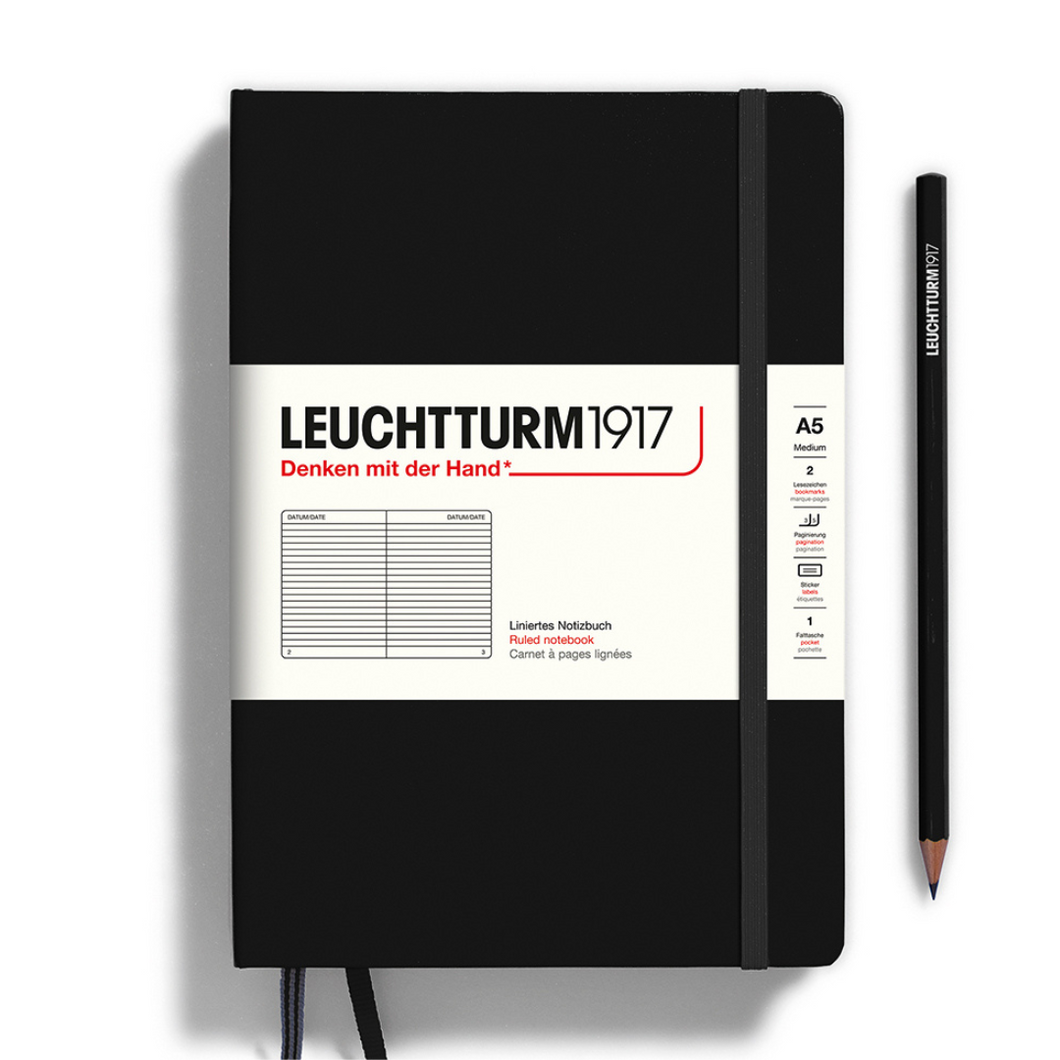 Leuchtturm1917 하드커버 A5 미디엄 노트북 블랙 - Ruled