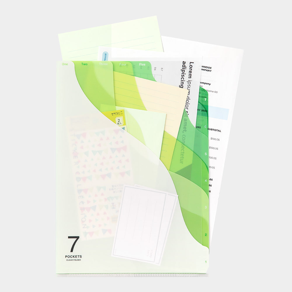 Midori 7 Pockets Clear Folder A4 in Gradation Green — Midori file folder — premium stationery and lifestyle, at Cityluxe Singapore