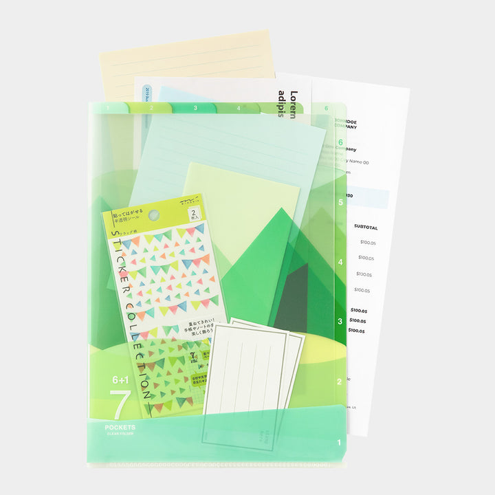 Midori 7 Pockets Clear Folder A4 in Landscape Green — Midori file folder — premium stationery and lifestyle, at Cityluxe Singapore