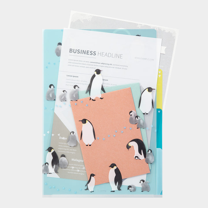 Midori A4 3 Pockets Clear Folder in Penguins A — Midori file folder — premium stationery and lifestyle, at Cityluxe Singapore