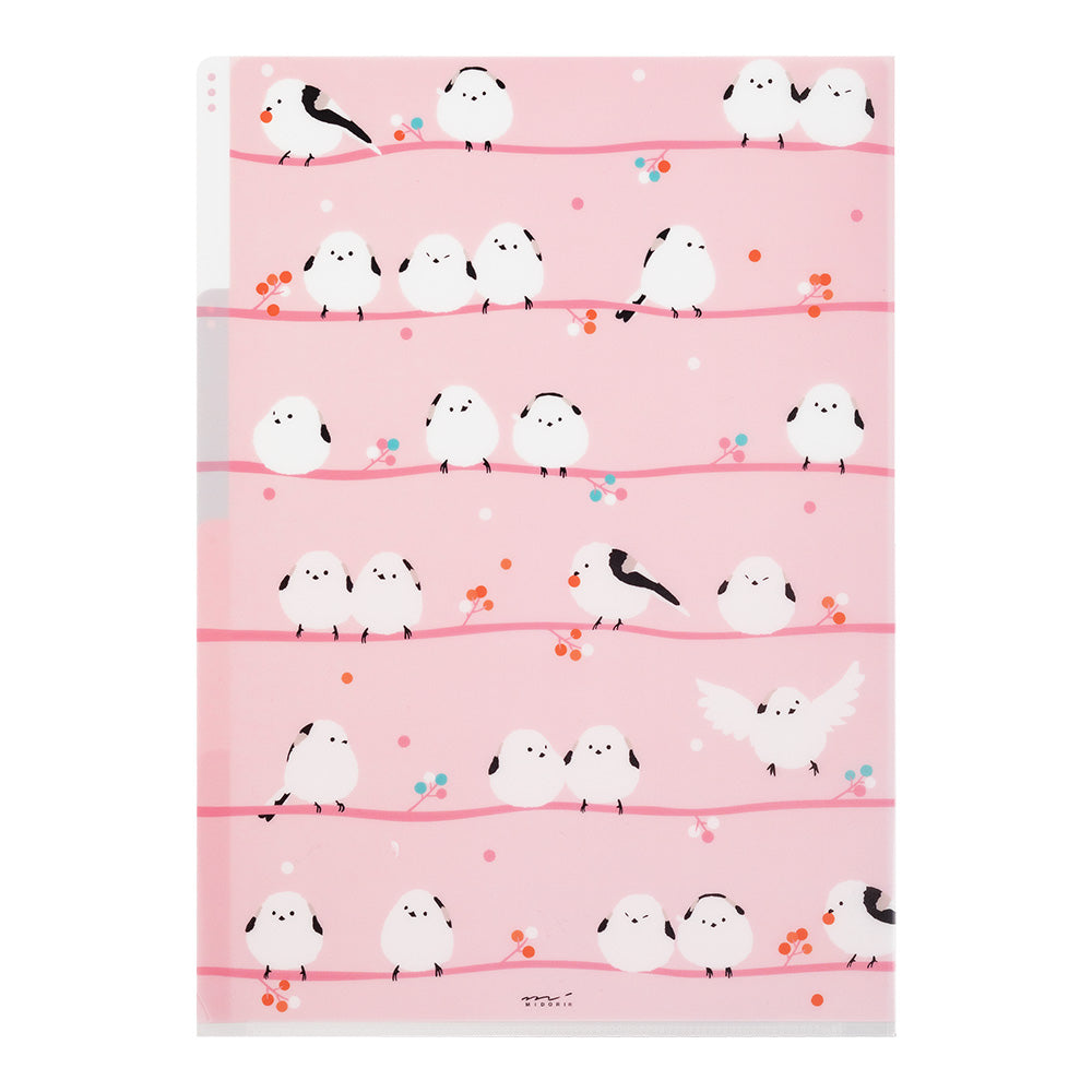 Midori A4 3 Pockets Clear Folder in Long-tailed Tits — Midori file folder — premium stationery and lifestyle, at Cityluxe Singapore