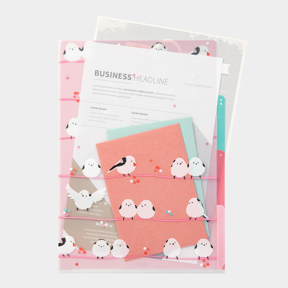 Midori A4 3 Pockets Clear Folder in Long-tailed Tits — Midori file folder — premium stationery and lifestyle, at Cityluxe Singapore