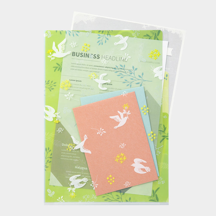 Midori A4 3 Pockets Clear Folder - White Birds