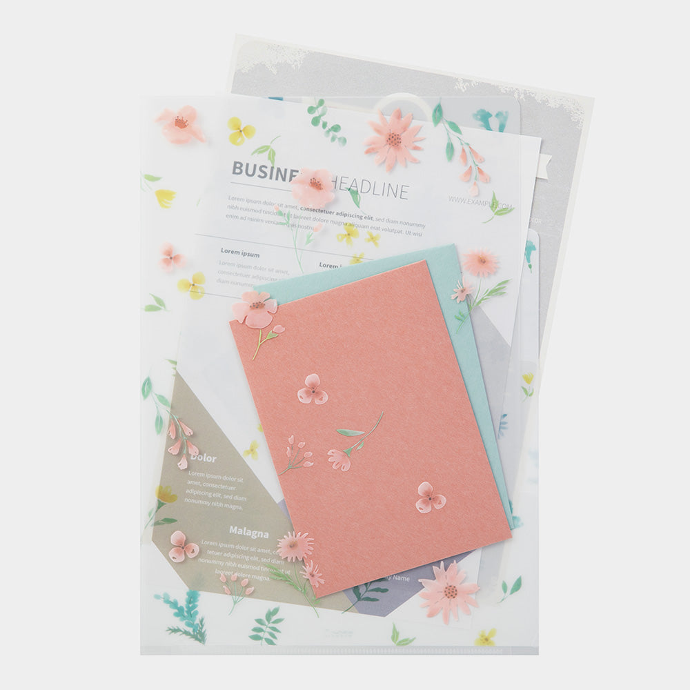 Midori A4 3 Pockets Clear Folder in Flowers B — Midori file folder — premium stationery and lifestyle, at Cityluxe Singapore