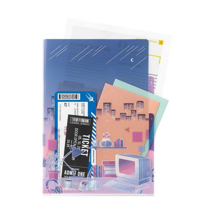 Midori A4 3 Pockets Clear Folder in City Pop — Midori file folder — premium stationery and lifestyle, at Cityluxe Singapore