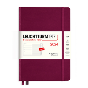 Leuchtturm1917 A5 Medium Hardcover Weekly Planner & Notebook with Booklet 2024 - Port Red
