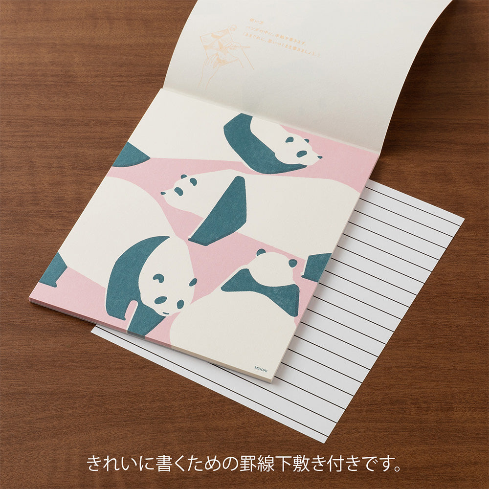 MIDORI Easy &amp; Cozy Letter Pad – Panda featuring sketch-style panda silhouettes on unlined paper with a soft retro print design.