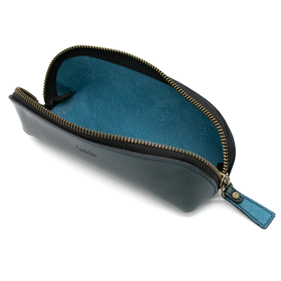 Luddite Trattoria Leather Pen Case - Navy — writing at an angle
