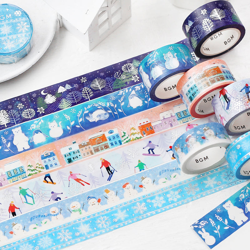 BGM Winter Limited Masking Tape in Snowy Night Forest — BGM masking tape — decorative paper tape for journaling and scrapbooking, at Cityluxe Singapore