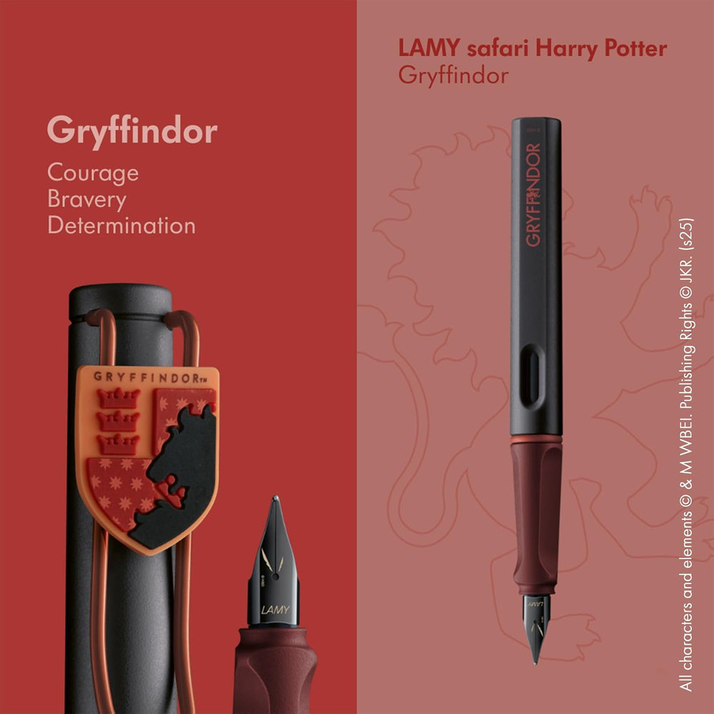 LAMY Safari Gryffindor Fountain Pen – Extra Fine with maroon body, gold clip, and Gryffindor emblem from the Harry Potter collection.