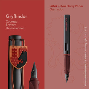 LAMY Safari Gryffindor Fountain Pen – Extra Fine with maroon body, gold clip, and Gryffindor emblem from the Harry Potter collection.