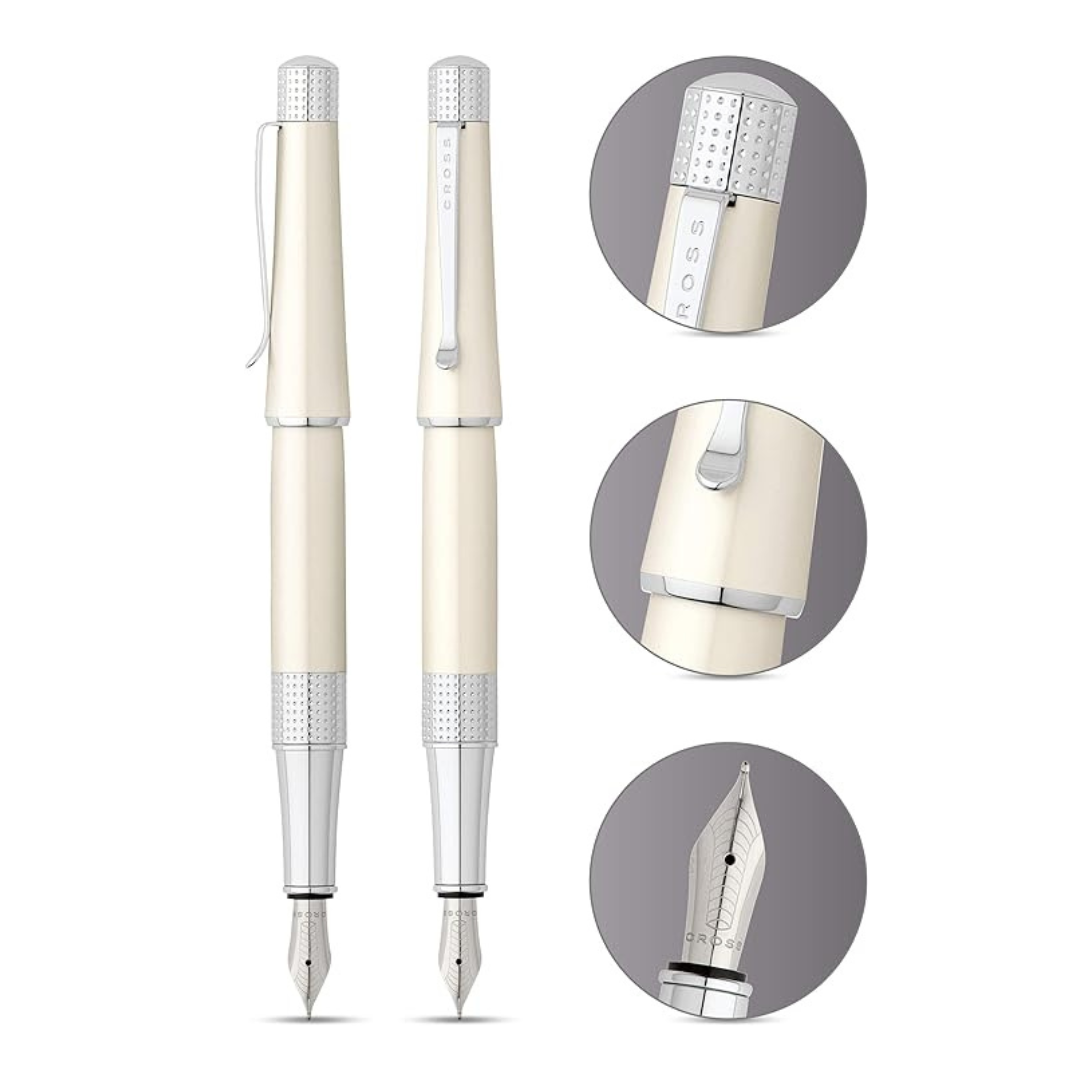 Cross Beverly Fountain Pen in White Lacquer — Cross fountain pen — precision nib writing instrument, at Cityluxe Singapore stationery store