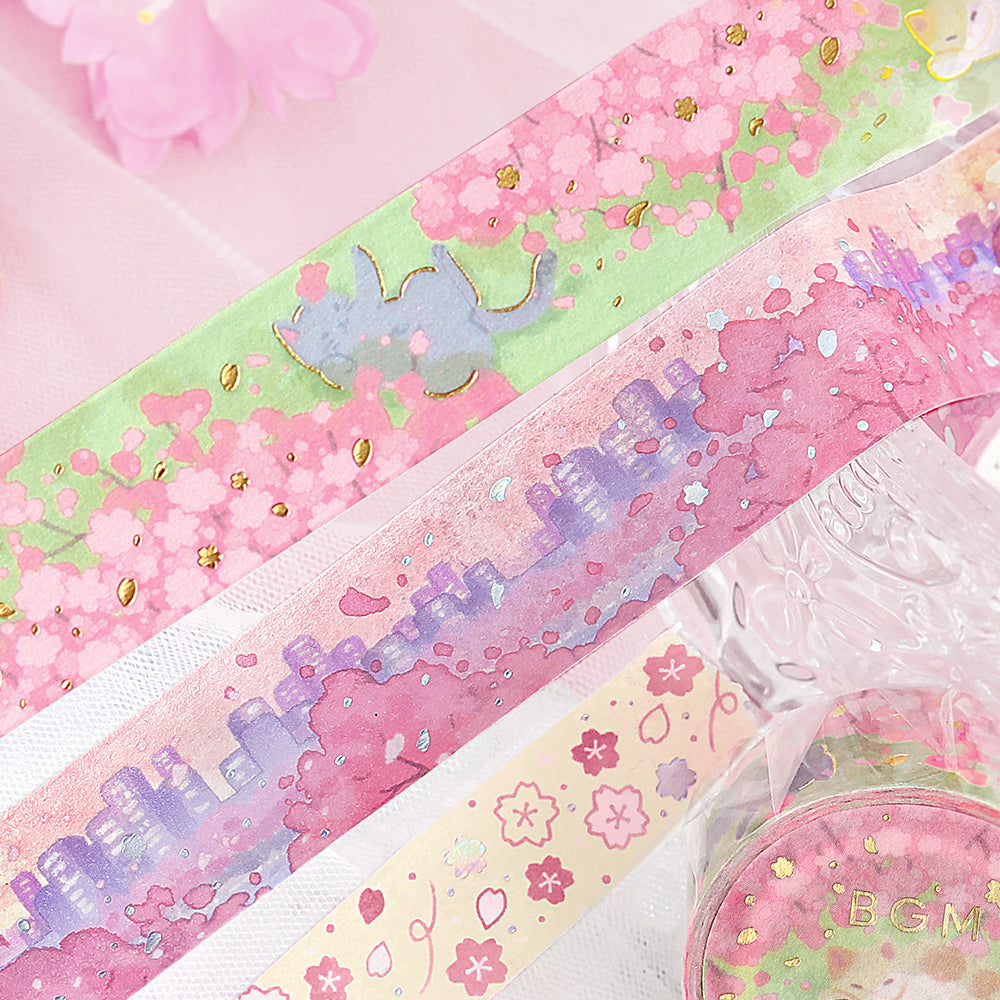 BGM Sakura Limited Masking Tape: Sakura in Cherry Blossoms in Bloom — BGM washi tape — decorative Japanese paper tape for journaling and craft, at Cityluxe Singapore