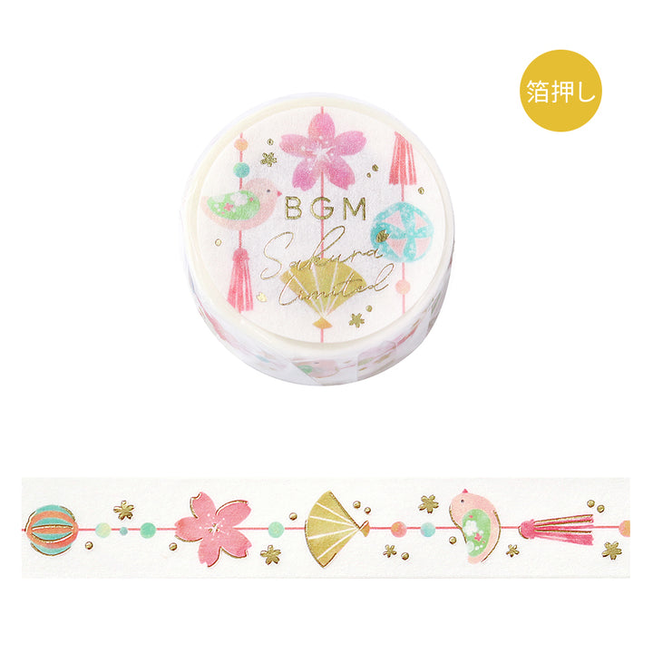 BGM Sakura Limited Masking Tape: Sakura in Hanging Ornaments — BGM washi tape — decorative Japanese paper tape for journaling and craft, at Cityluxe Singapore