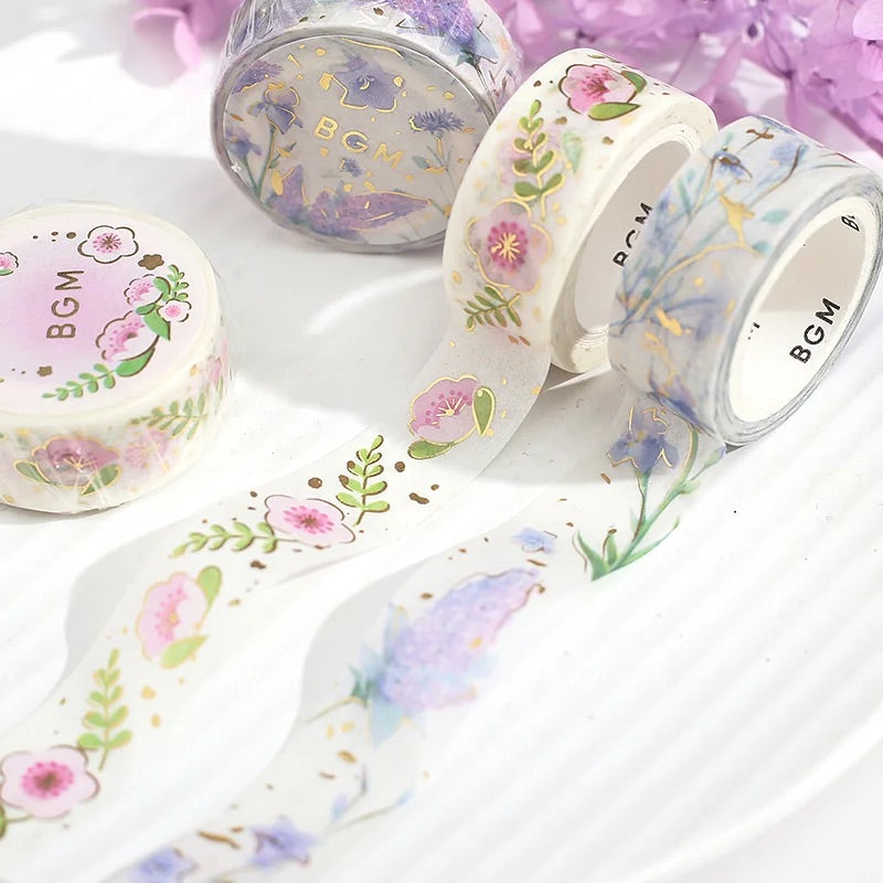BGM Foil Stamping Masking Tape: Life in Natural/Purple — BGM washi tape — decorative Japanese paper tape for journaling and craft, at Cityluxe Singapore