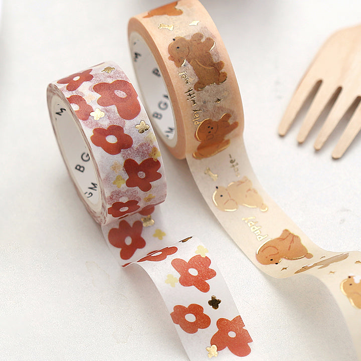 BGM Foil Stamping Masking Tape in Puppy — BGM washi tape — decorative Japanese paper tape for journaling and craft, at Cityluxe Singapore