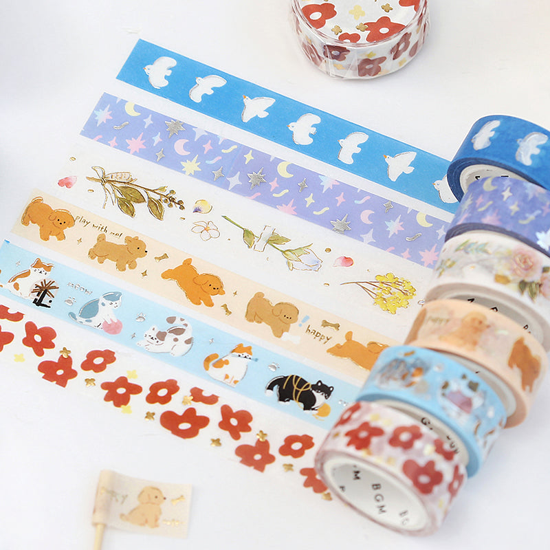 BGM Foil Stamping Masking Tape in Puppy — BGM washi tape — decorative Japanese paper tape for journaling and craft, at Cityluxe Singapore