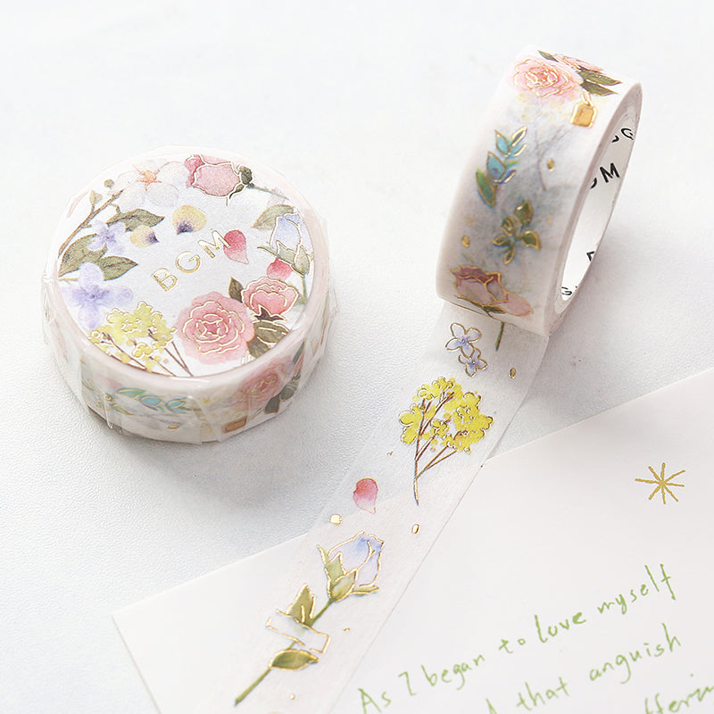BGM Foil Stamping Masking Tape in Flower Poem — BGM washi tape — decorative Japanese paper tape for journaling and craft, at Cityluxe Singapore