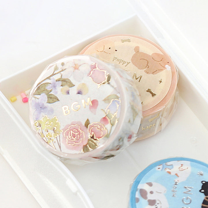 BGM Foil Stamping Masking Tape in Flower Poem — BGM washi tape — decorative Japanese paper tape for journaling and craft, at Cityluxe Singapore