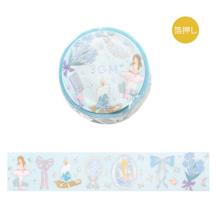 BGM Foil Stamping Masking Tape in Ballerina Blue — BGM washi tape — decorative Japanese paper tape for journaling and craft, at Cityluxe Singapore
