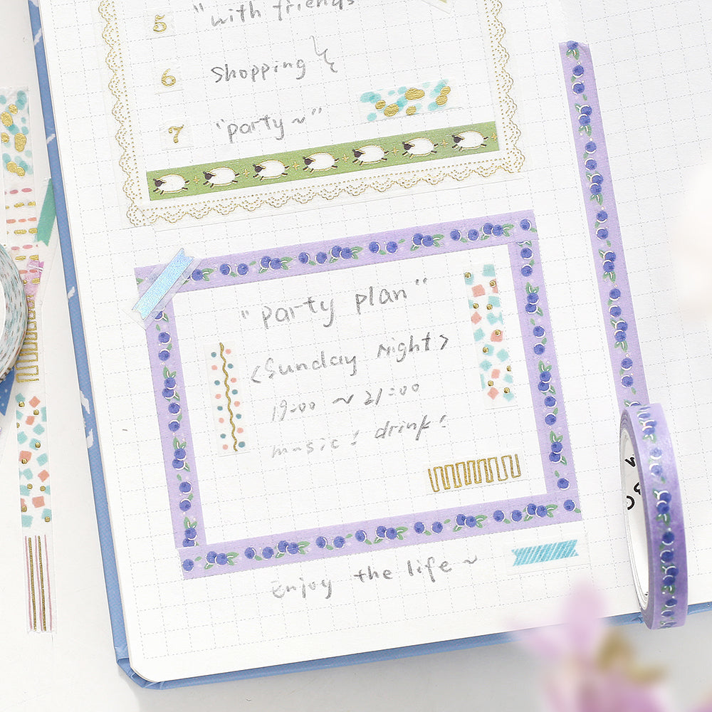 BGM Foil Stamping Masking Tape: Life in Blueberry — BGM washi tape — decorative Japanese paper tape for journaling and craft, at Cityluxe Singapore
