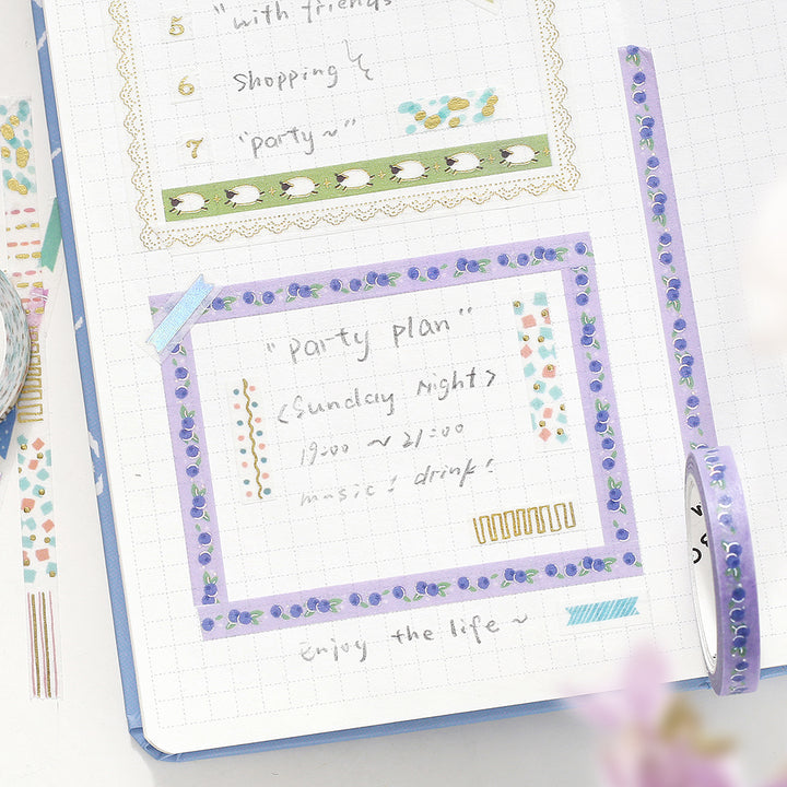 BGM Foil Stamping Masking Tape: Life in Blueberry — BGM washi tape — decorative Japanese paper tape for journaling and craft, at Cityluxe Singapore