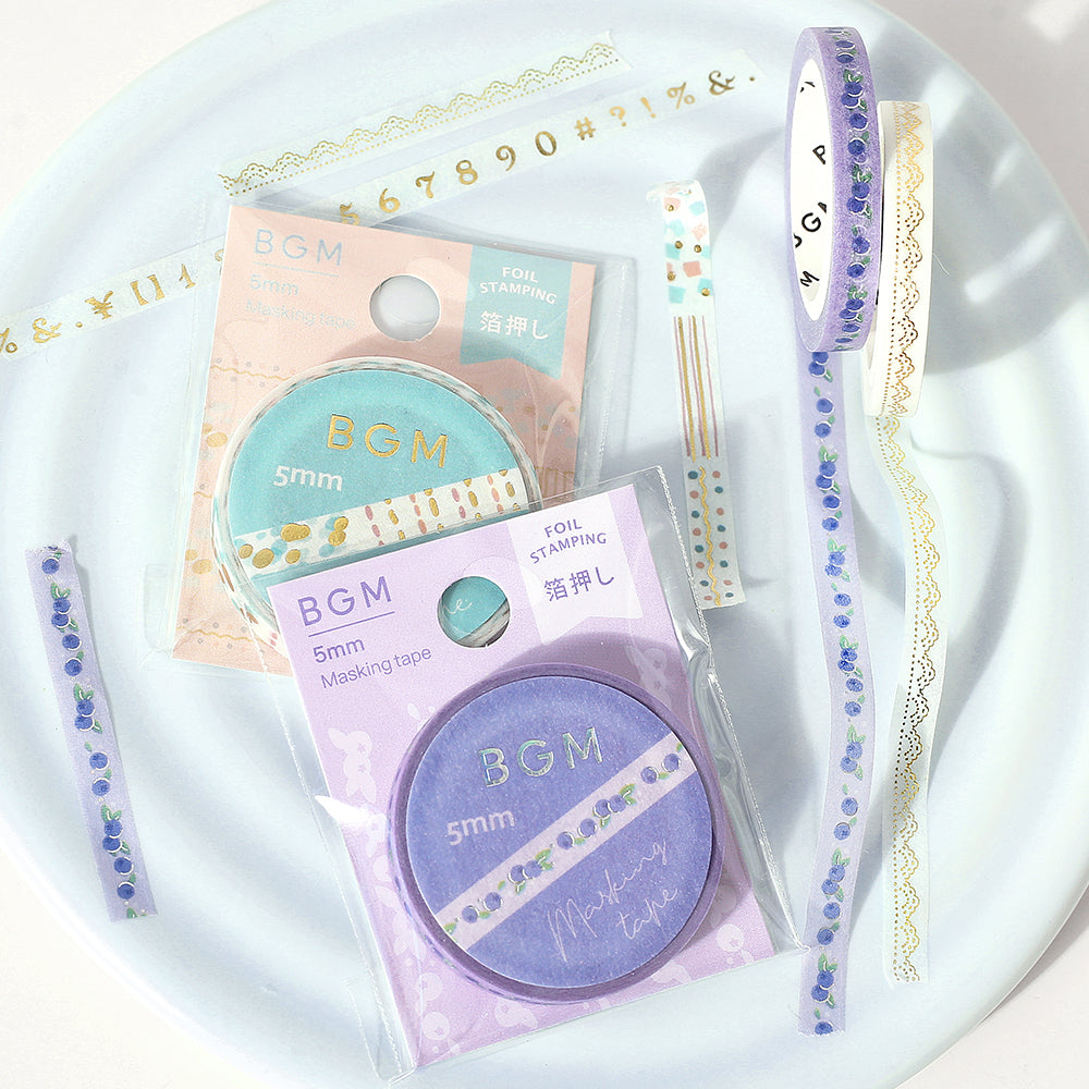 BGM Foil Stamping Masking Tape: Life in Blueberry — BGM washi tape — decorative Japanese paper tape for journaling and craft, at Cityluxe Singapore