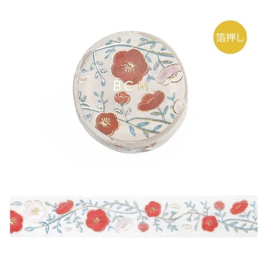 BGM Foil Stamping Masking Tape: Flower Pattern in Plum — BGM washi tape — decorative Japanese paper tape for journaling and craft, at Cityluxe Singapore