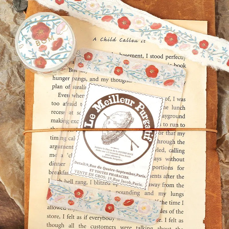 BGM Foil Stamping Masking Tape: Flower Pattern in Plum — BGM washi tape — decorative Japanese paper tape for journaling and craft, at Cityluxe Singapore