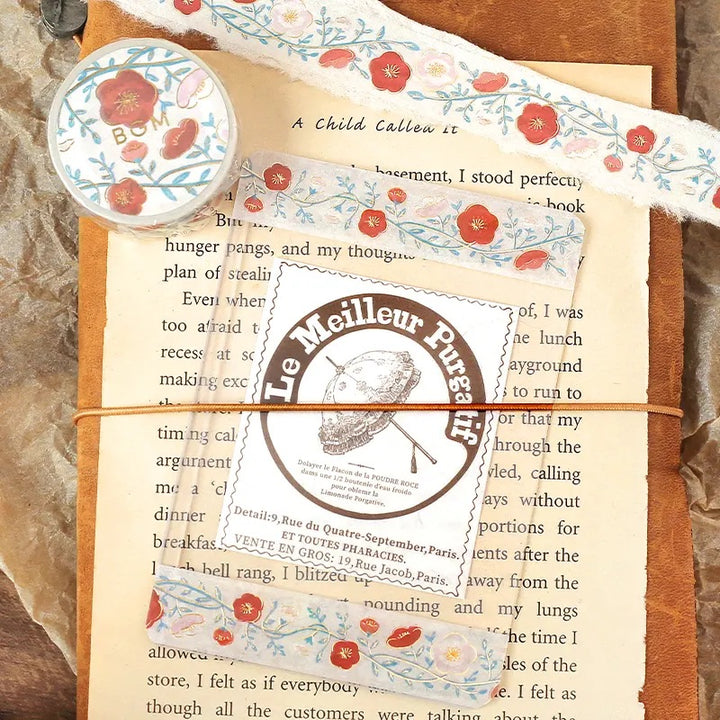 BGM Foil Stamping Masking Tape: Flower Pattern in Plum — BGM washi tape — decorative Japanese paper tape for journaling and craft, at Cityluxe Singapore