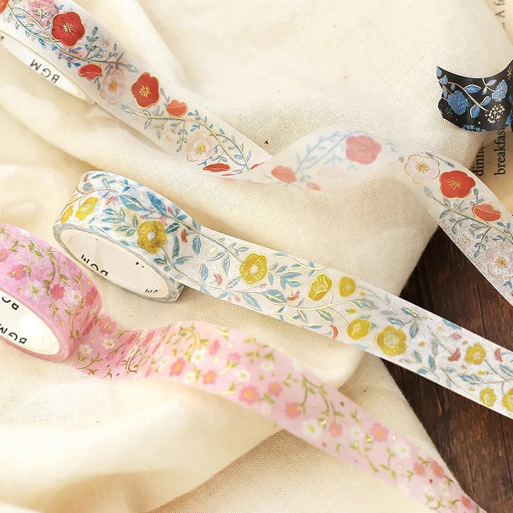 BGM Foil Stamping Masking Tape: Flower Pattern in Plum — BGM washi tape — decorative Japanese paper tape for journaling and craft, at Cityluxe Singapore