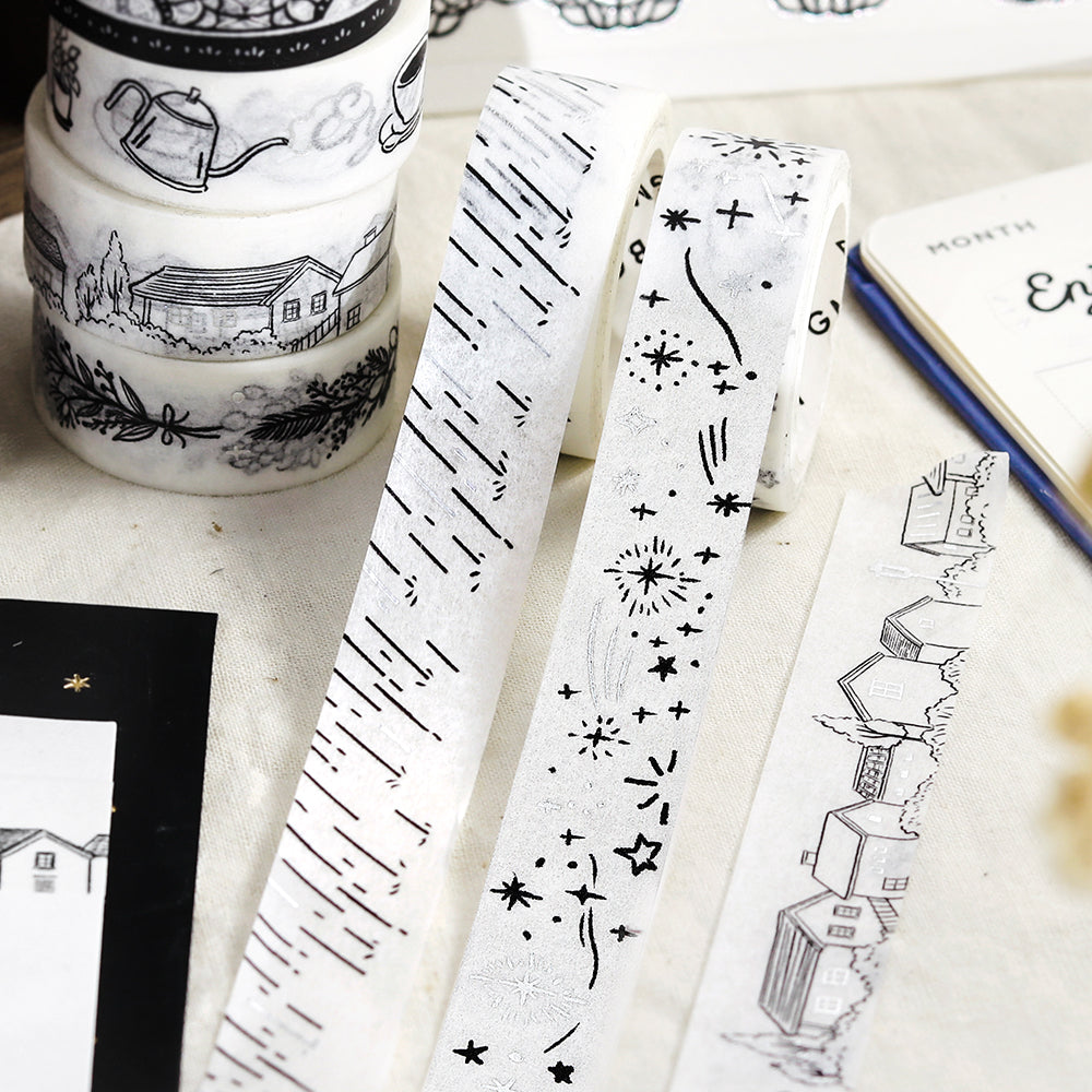 BGM Foil Stamping Masking Tape: Monotone in Rain — BGM washi tape — decorative Japanese paper tape for journaling and craft, at Cityluxe Singapore