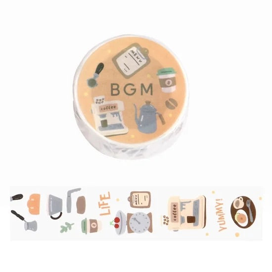BGM Open Today as Well Masking Tape in Coffee — BGM washi tape — decorative Japanese paper tape for journaling and craft, at Cityluxe Singapore