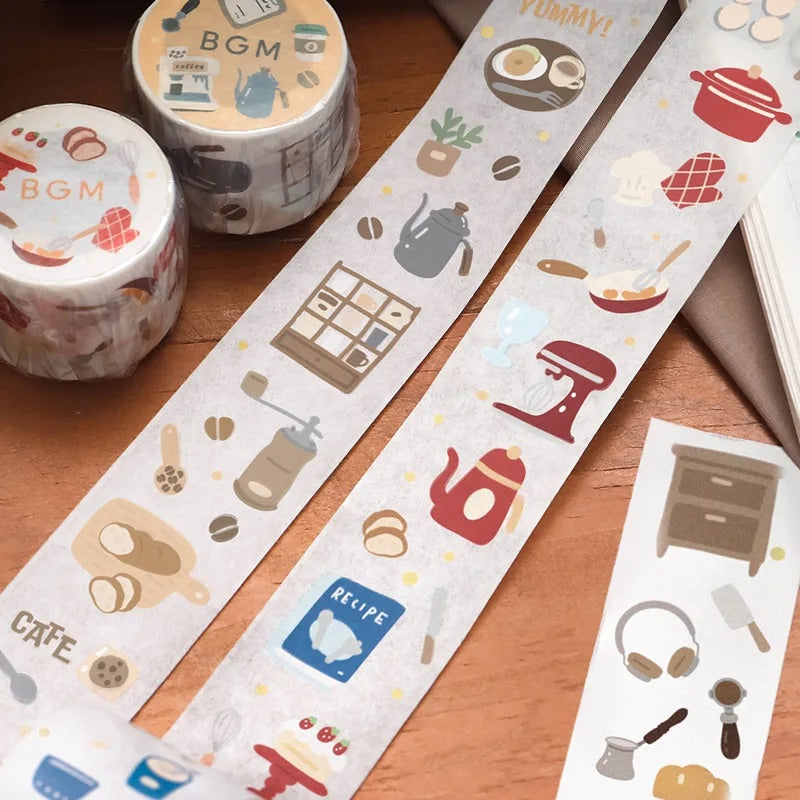 BGM Open Today as Well Masking Tape in Coffee — BGM washi tape — decorative Japanese paper tape for journaling and craft, at Cityluxe Singapore