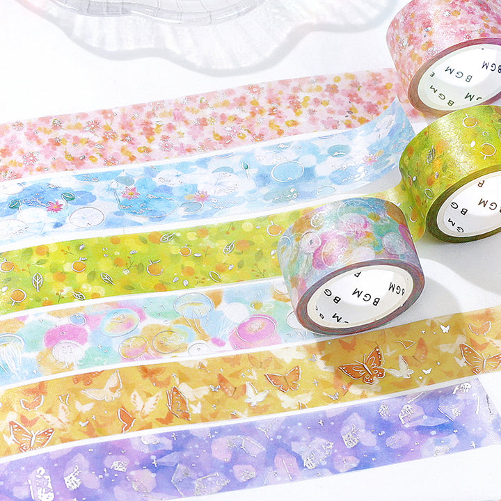BGM Foil Stamping Masking Tape: Dreamy Scenery in Mandarin Orange — BGM washi tape — decorative Japanese paper tape for journaling, at Cityluxe Singapore