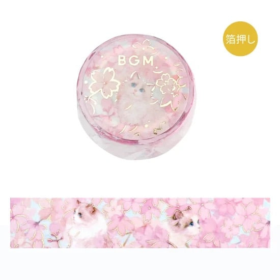 BGM Foil Stamping Masking Tape: Flowers and Cats in Blossom — BGM washi tape — decorative Japanese paper tape for journaling and craft, at Cityluxe Singapore