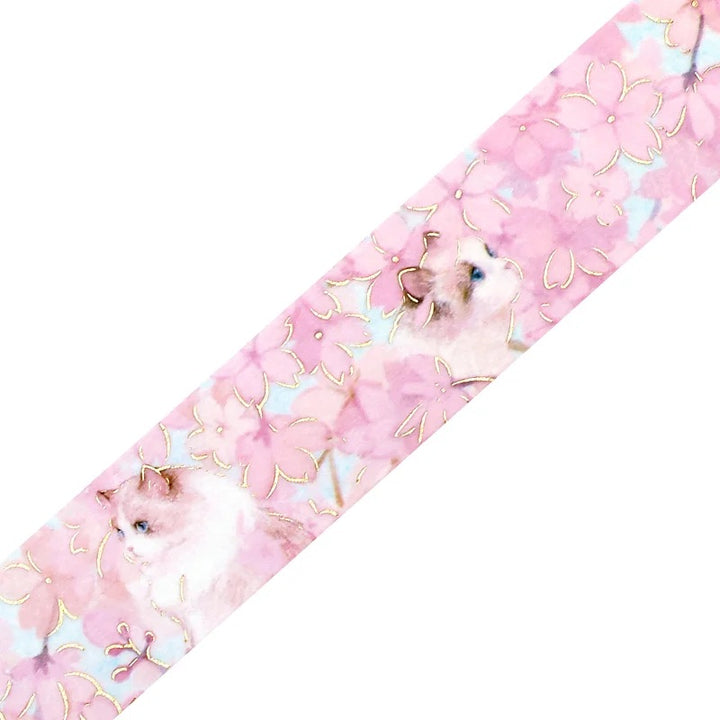 BGM Foil Stamping Masking Tape: Flowers and Cats in Blossom — BGM washi tape — decorative Japanese paper tape for journaling and craft, at Cityluxe Singapore