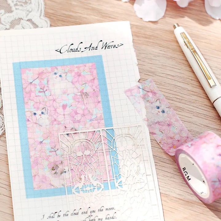 BGM Foil Stamping Masking Tape: Flowers and Cats in Blossom — BGM washi tape — decorative Japanese paper tape for journaling and craft, at Cityluxe Singapore