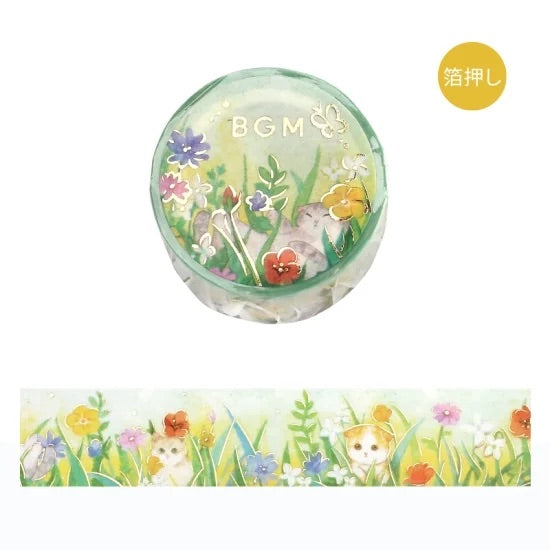 BGM Foil Stamping Masking Tape: Flowers and Cats in Afternoon Kitty — BGM washi tape — decorative Japanese paper tape for journaling and craft, at Cityluxe Singapore