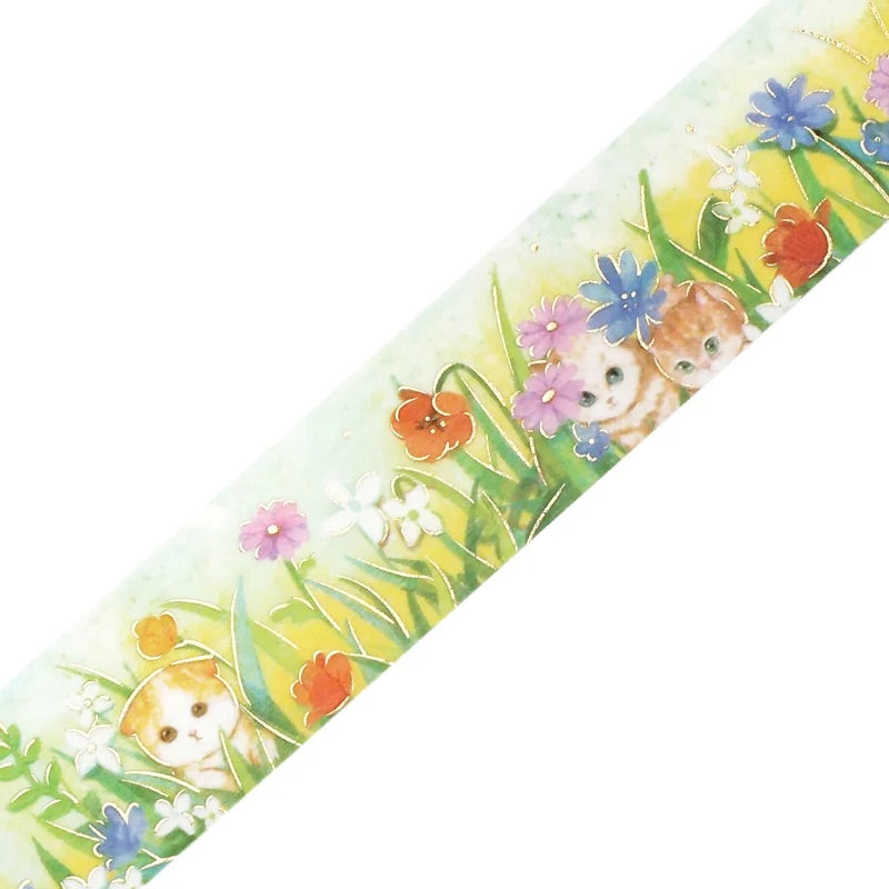 BGM Foil Stamping Masking Tape: Flowers and Cats in Afternoon Kitty — BGM washi tape — decorative Japanese paper tape for journaling and craft, at Cityluxe Singapore