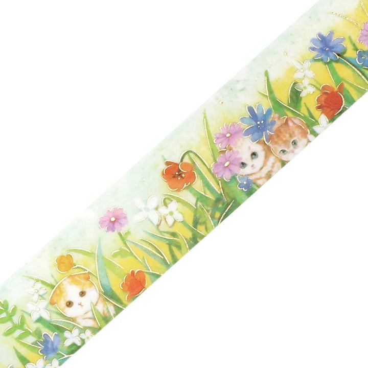 BGM Foil Stamping Masking Tape: Flowers and Cats in Afternoon Kitty — BGM washi tape — decorative Japanese paper tape for journaling and craft, at Cityluxe Singapore