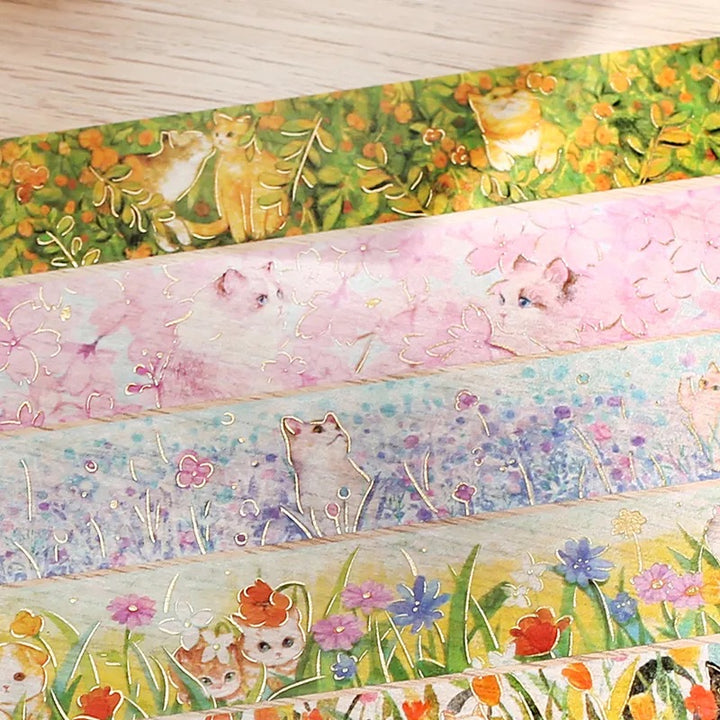 BGM Foil Stamping Masking Tape: Flowers and Cats in Afternoon Kitty — BGM washi tape — decorative Japanese paper tape for journaling and craft, at Cityluxe Singapore