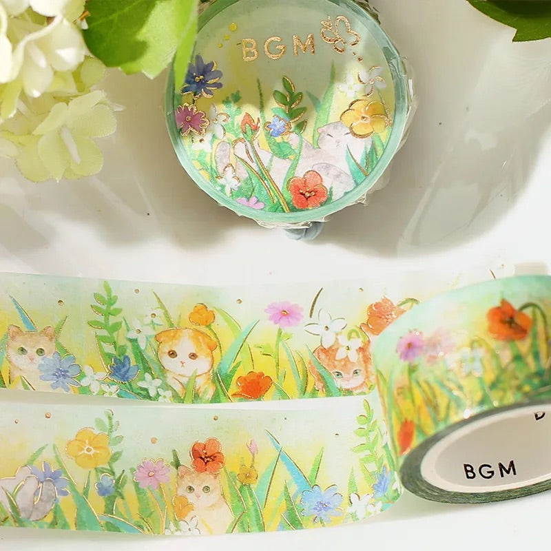 BGM Foil Stamping Masking Tape: Flowers and Cats in Afternoon Kitty — BGM washi tape — decorative Japanese paper tape for journaling and craft, at Cityluxe Singapore
