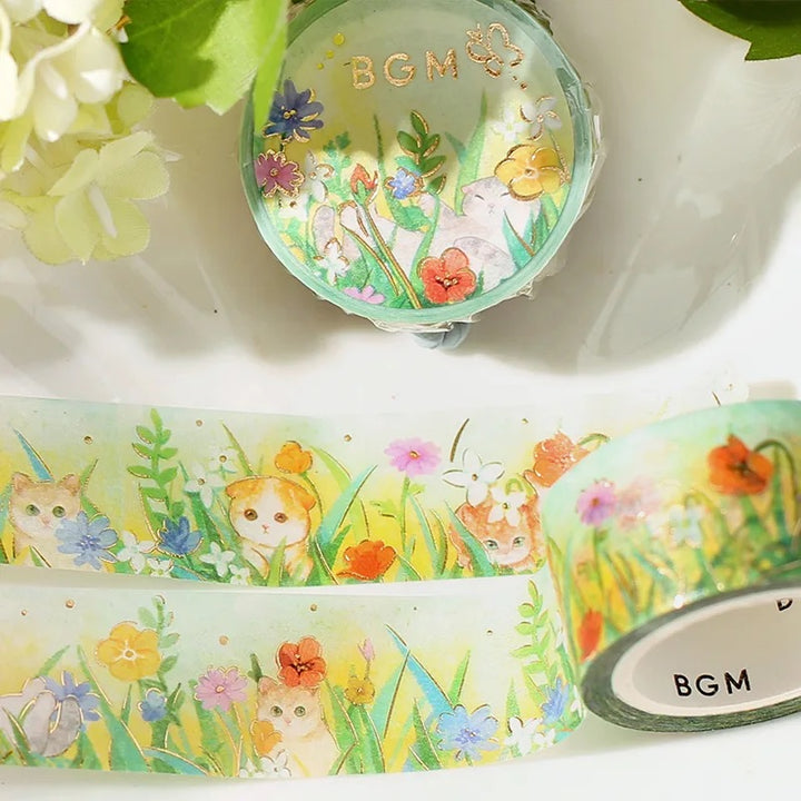 BGM Foil Stamping Masking Tape: Flowers and Cats in Afternoon Kitty — BGM washi tape — decorative Japanese paper tape for journaling and craft, at Cityluxe Singapore