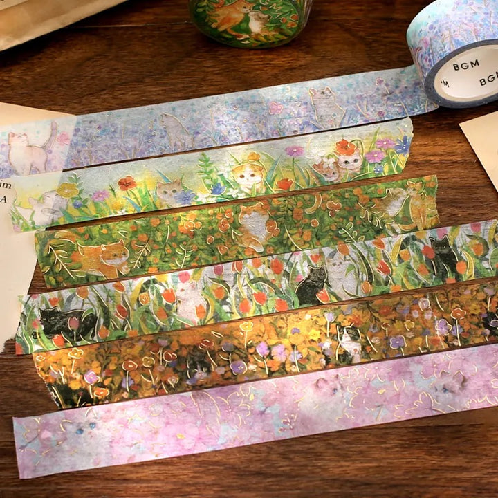 BGM Foil Stamping Masking Tape: Flowers and Cats in Afternoon Kitty — BGM washi tape — decorative Japanese paper tape for journaling and craft, at Cityluxe Singapore