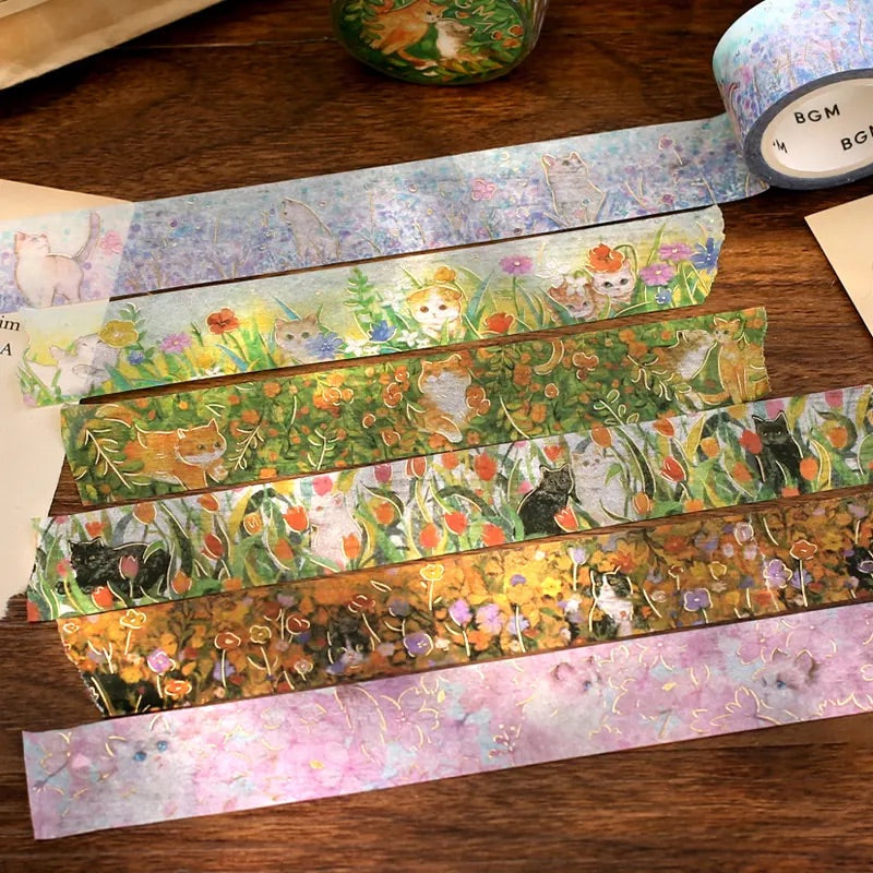 BGM Foil Stamping Masking Tape: Flowers and Cats in Find Me — BGM washi tape — decorative Japanese paper tape for journaling and craft, at Cityluxe Singapore