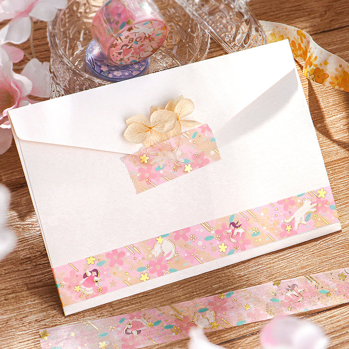 BGM Foil Stamping Masking Tape: Hana Monogatari in Peach Blossom — BGM washi tape — decorative Japanese paper tape for journaling and craft, at Cityluxe Singapore