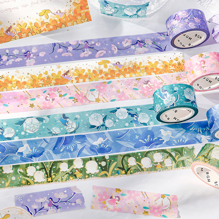BGM Foil Stamping Masking Tape: Hana Monogatari in Blue Dream — BGM washi tape — decorative Japanese paper tape for journaling and craft, at Cityluxe Singapore